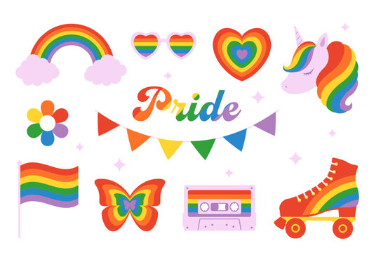 Cute Rainbow Icon Set for Happy Pride Month, LGBTQ+ Concept Vector Illustration