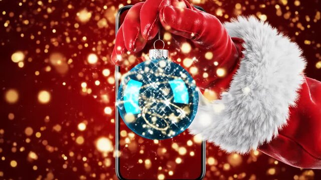 Santa claus hand holding a blue christmas ornament bauble emerging from a smartphone screen, festive red background with golden bokeh lights