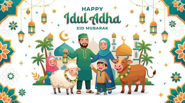 Happy Eid Mubarak 1445 Family with Goat Illustration