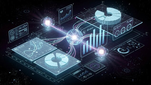 Futuristic digital data visualization, displaying holographic charts, graphs, and network nodes, on dark background