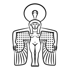 Fototapeta premium Winged ancient Egyptian goddess. Black and white linear silhouette.