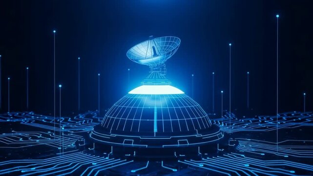 Glowing Satellite Dish In Futuristic Tech Environment Transmitting Data Across Digital Circuit Board With Blue Glowing Lines Information Flow For Technological Use