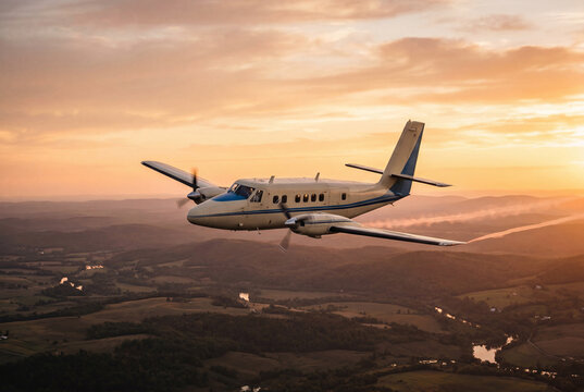 Small twin engine propeller airplane flying over a rolling rural landscape during a golden sunset