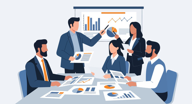 Business meeting with charts and graphs illustration, team collaborating on strategy and financial data analysis for company growth and success