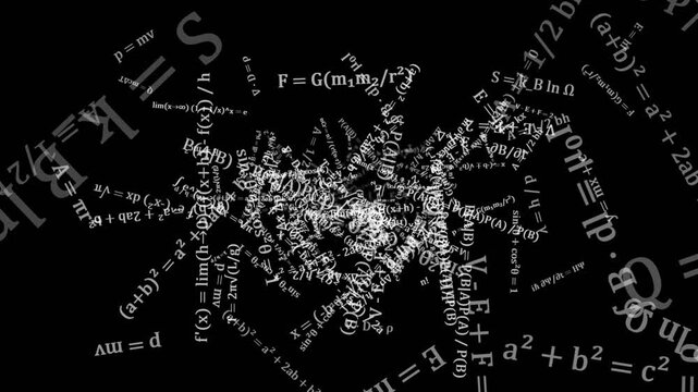 Mathematical equations and formulas on black.