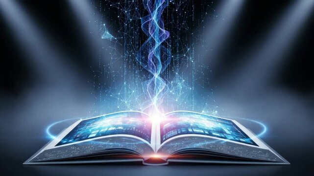 Digital Book With Technology Emerging Illuminated Against Dark Background Knowledge Education Learning In The Future Possibly For Articles
