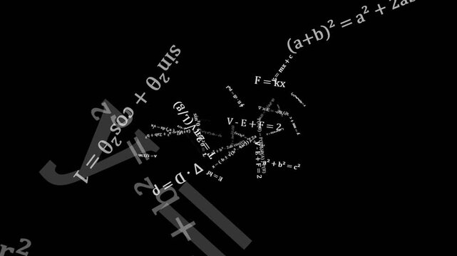 Mathematical equations on black background.