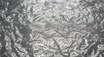 Fototapeta premium Close-up of wrinkled clear plastic film with light reflections abstract texture background