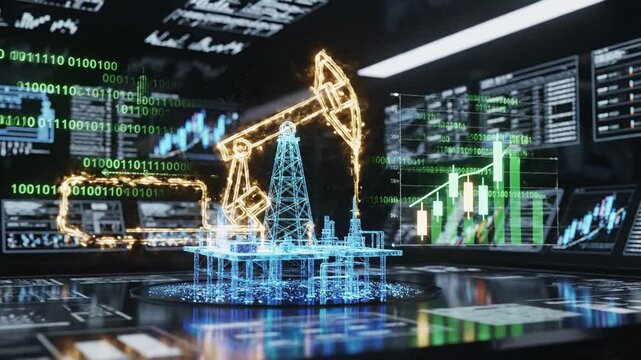 Futuristic digital hologram featuring Bitcoin symbol integrated with offshore oil rig platforms representing global energy market trends and cryptocurrency finance valuation concept.
