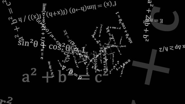 Mathematical equations on black background.