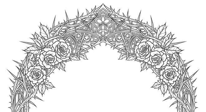 Intricate thorny rose arch illustration graphic element isolated on white background
