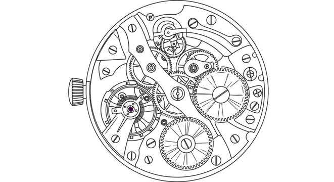 Intricate watch mechanism displayed in technical line art on white background