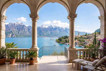 Obraz premium Classic stone archway terrace overlooking a tranquil blue lake and snow capped mountains beyond