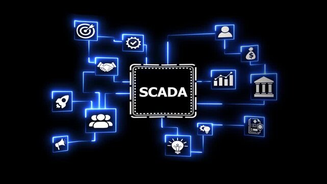 Industrial scada system network management motion. Digital control interface showing automation technology connected icons and glowing circuit board data visualization.