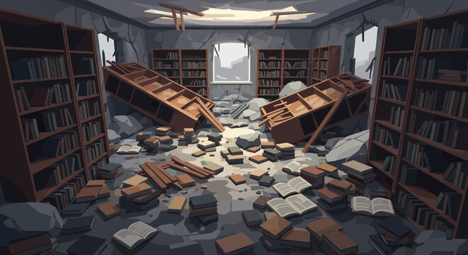 Destroyed library interior with scattered books and collapsed shelves