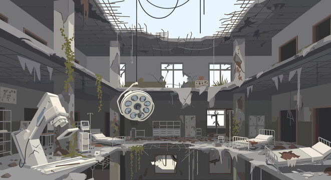 Abandoned hospital operating room with broken surgical light and debris