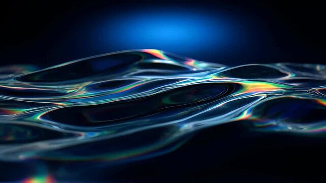 Abstract iridescent liquid wave dark blue background with glowing light and smooth reflective surface, futuristic fluid texture and glossy neon ripple effect, digital art SEO title