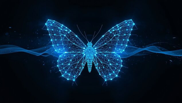 Glowing blue butterfly, digital wireframe, dark background, futuristic technology concept