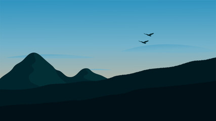 Naklejka premium Tranquil nature landscape with layered hills, mountain and two flying birds