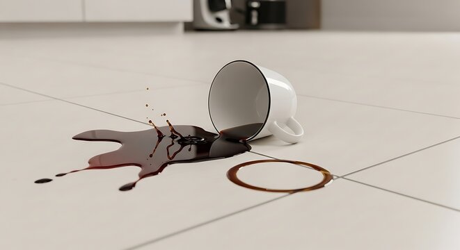 Spilled coffee on tiled floor