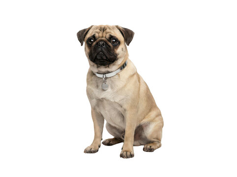 Adorable fawn pug dog sitting calmly and looking at camera wearing a silver collar isolated transparent background image