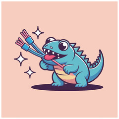 Cute cartoon dinosaur holding colorful wires with sparkles. © Andi
