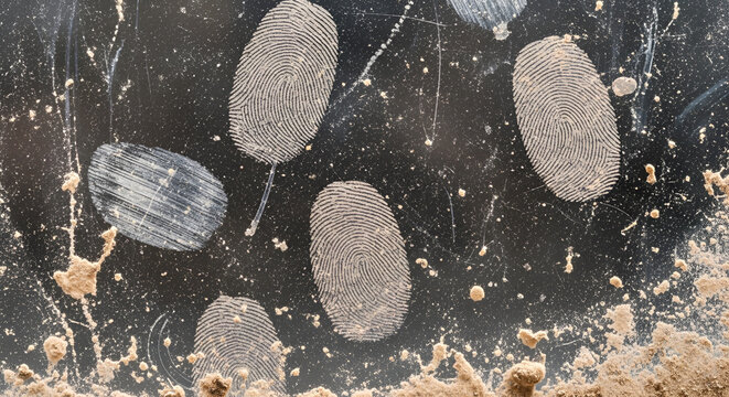 Dusty fingerprints on a dark textured surface showing evidence of touch and contact