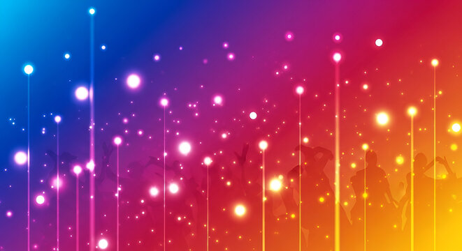 Energetic crowd dancing at concert with glowing lights and vibrant color gradient background