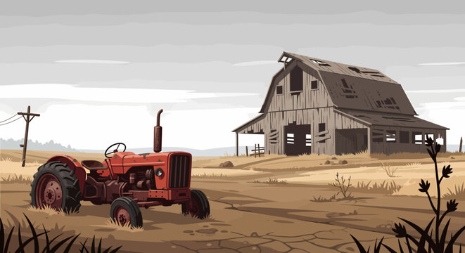 Vintage red tractor parked in a rural field