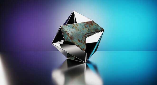 A polished metallic surface reflects a crisp object, yet the mirrored image appears subtly aged with weathered textures and faint patina, historical, copper, background