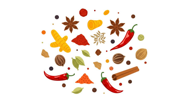 Assorted Culinary Spices and Herbs Illustration including Star Anise, Chili, Cinnamon, and Turmeric on White Background