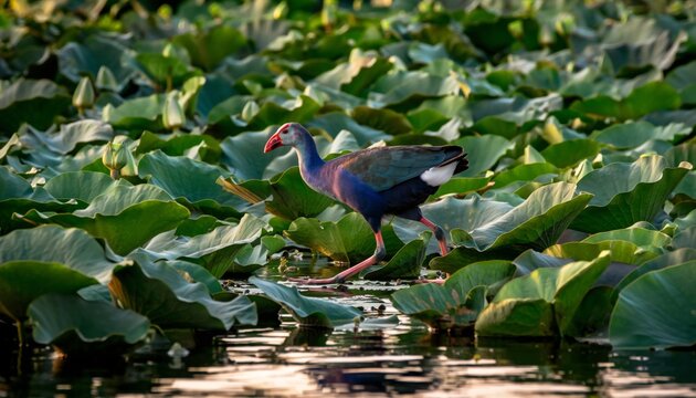 A purple swamphen bird walking gracefully across a pond filled with large green lotus leaves under natural light.