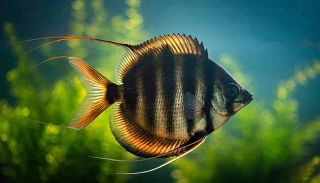 A black and gold striped angelfish with long flowing fins swimming gracefully in a freshwater aquarium among lush green aquatic plants.