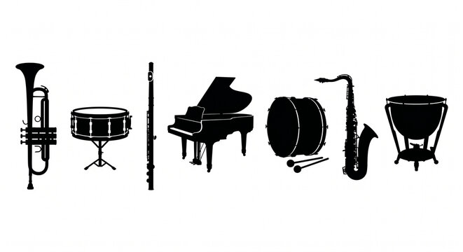 Complete Collection of 7 Essential Orchestral and Band Musical Instrument Silhouettes: Featuring Trumpet, Snare Drum, Flute, Grand Piano, Bass Drum, Saxophone, and Timpani Kettle Drum on White Backgro