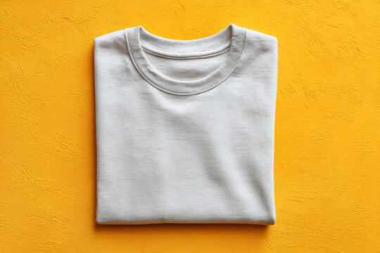 White folded t shirt blank front soft cotton crewneck on textured yellow background subtle shadow ready for print design.