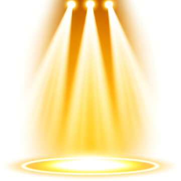 Triple golden spotlight beams on stage