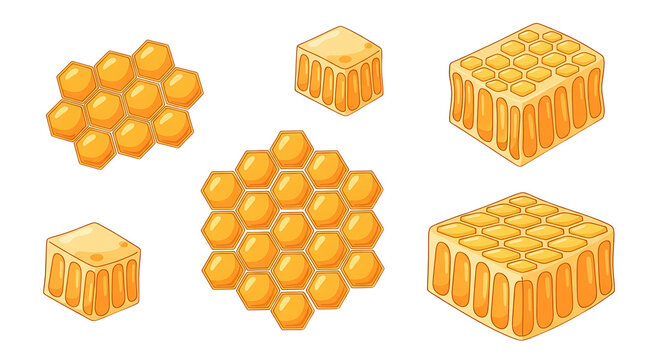 Collection of Isometric Honeycomb Cubes and Flat Honey Bee Cells Vector Illustration Isolated on White