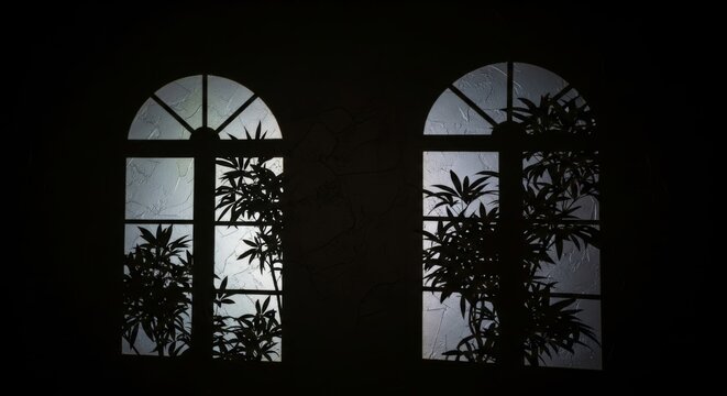 Stark silhouettes of window frames and foliage project onto a dark plaster ceiling, creating an evocative scene of quiet nighttime mystery, overhead, silhouette, abstract