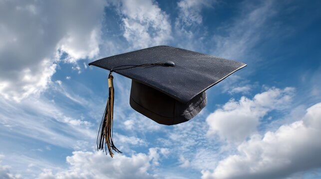 A graduation cap flies through the air against a blue sky with white clouds