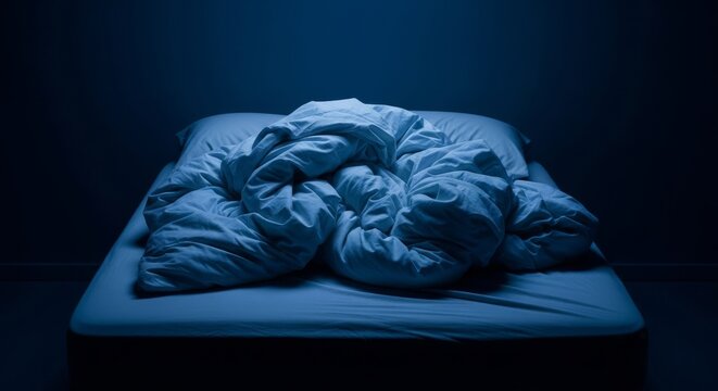 Tangled bedsheets and rumpled blankets lie messy in a dark room under dim blue light, reflecting a restless night and sleepless struggles, fatigue, fabric, cotton