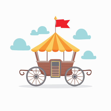Vintage Circus Wagon with Red Flag and Clouds
