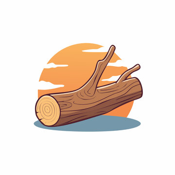 Cartoon illustration of a log with branches against a sunset sky