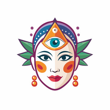 Stylized Face with Third Eye and Ornate Headdress