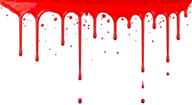 Red liquid paint dripping down on white background