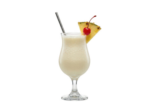 Creamy tropical pina colada cocktail in a hurricane glass with pineapple garnish isolated transparent background image