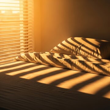 Warm golden sunlight filters through window blinds, casting long shadows across rumpled white bedding and a soft pillow in a quiet bedroom, rays, soft, quiet