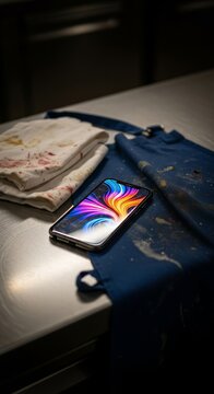 Worn white culinary sleeves rest on a stainless steel counter as a glowing mobile screen illuminates a stained apron in a dim kitchen area, contrast, evening, workplace