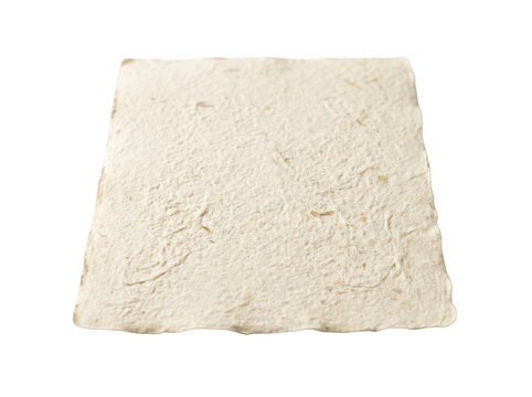 Creamy white recycled paper sheet with organic fibrous texture and deckle edge isolated transparent background image