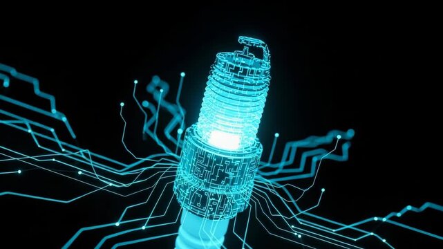 Glowing Spark Plug Displayed As Neon-like Circuits Against Dark Background Digital Technology Innovation For Automotive Tech-related Content