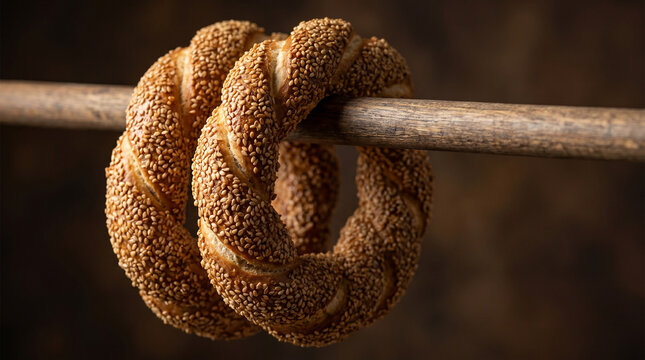 Turkish simit bread hanging on wooden stick, Fresh sesame bagel rings, Traditional Turkish street food breakfast